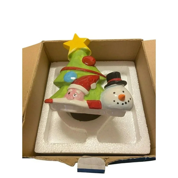 Holiday Time Snowman & Santa Cookie Jar Christmas Tree Hand Painted Ceramic NIB - Picture 4 of 4
